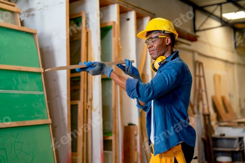Preview: Wide shot of African American carpenter man hold timber or wood stick also look forward to check