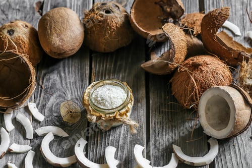 Preview: Fresh coconuts broken on wooden background