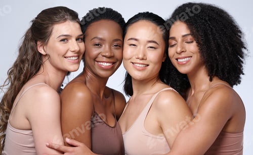 Preview: Face portrait, beauty and group of women in studio on gray background. Cosmetics, makeup and divers