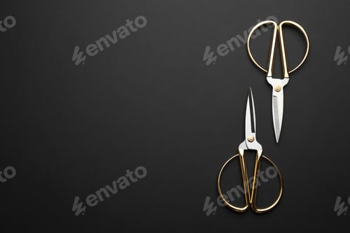 Preview: Set of scissors on dark background, flat lay. Space for text