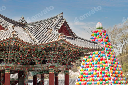 Preview: Religious building and colorful lantern tower in buddhist temple Songgwangsa, South Korea