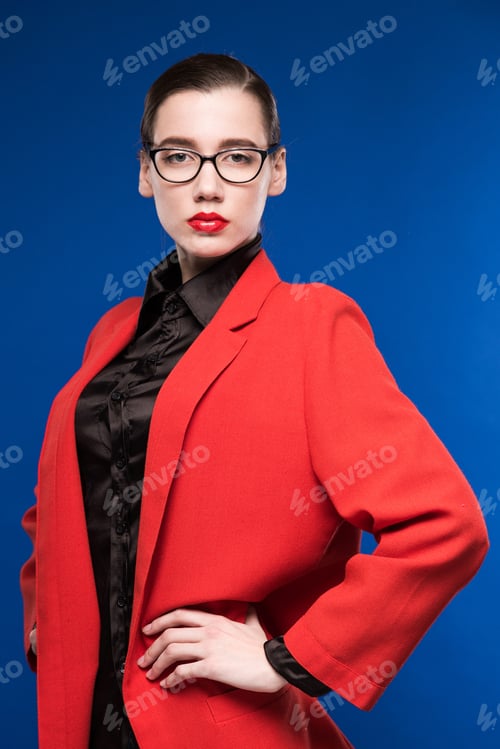 Preview: portrait of a girl in a jacket with red lipstick