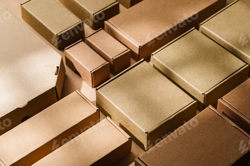 Preview: Multiple cardboard boxes arranged on a surface for packaging and shipping in a warehouse setting