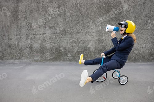 Preview: Funny businesswoman going to work outdoor
