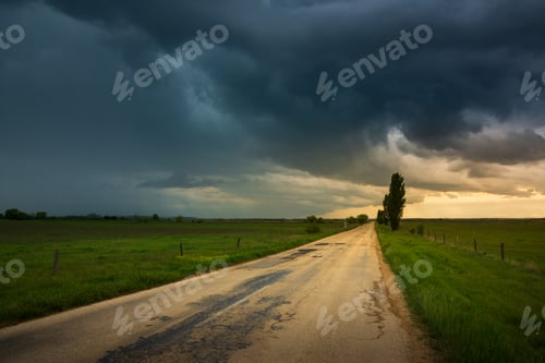 Preview: Dark storm clouds over the country road , moody dark sky
