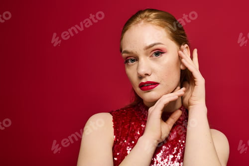 Preview: Young woman in shimmering red dress poses gracefully against vibrant backdrop