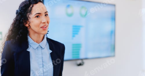 Preview: Business woman, presentation and finance meeting conference of a employee talking. Office strategy,