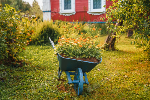 Preview: Flowerbed with yellow orange flowers, growing in soil in old iron garden blue wheelbarrow.