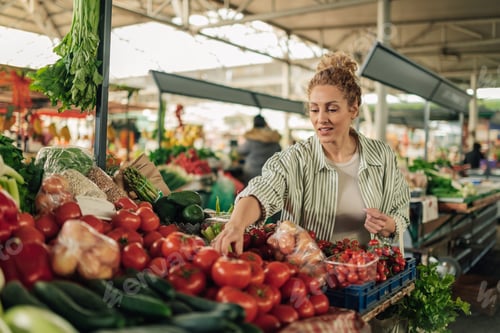 Preview: Happy shopper reaching for fresh vegetables on stand at food market.