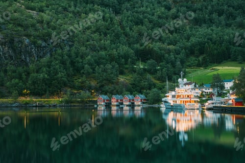 Preview: Flam, Norway. Famous Red Wooden Docks In Summer Evening. Small T