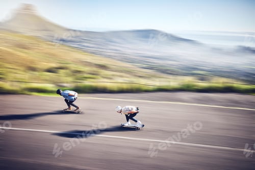Preview: Skateboard, fast and road with people training, competition or danger, risk and adventure sports fr