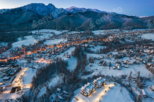 Preview: Zakopane Cityscape in Winter with Giewont Mountain. Drone View