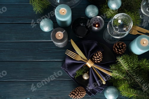 Preview: New Year table setting on wooden table, top view