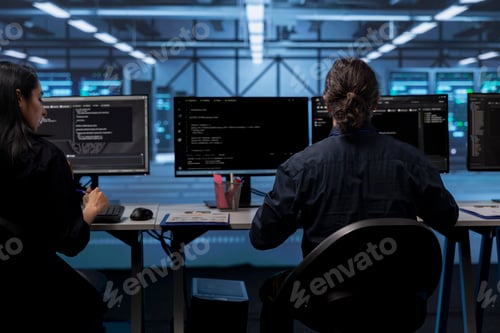 Preview: IT specialists at PC desk in server room deploying error checking utilities