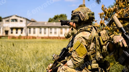 Preview: Squad of soldiers running forward and attacking enemy during military operation, Army soldiers in