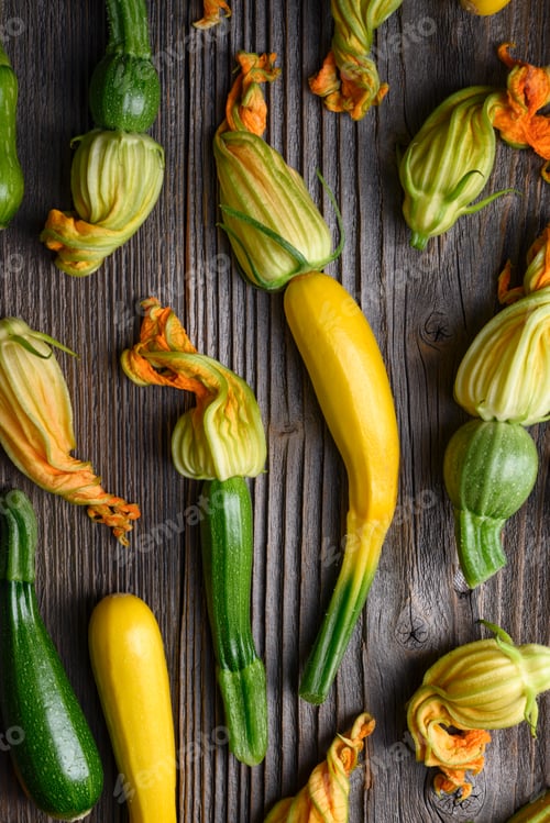 Preview: Top view of young fresh zucchini with flowers on rustic wooden table