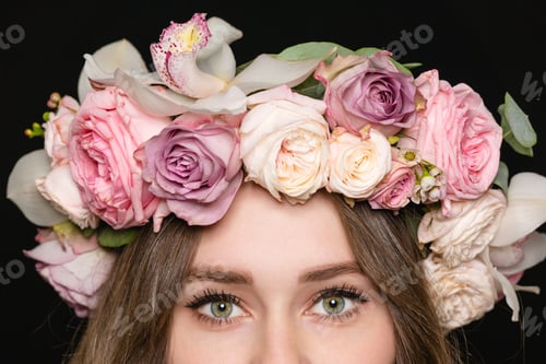 Preview: Closeup of woman eyes in beautiful rose wreath
