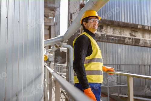 Preview: Cheerful male engineer standing near metal pipe at factory