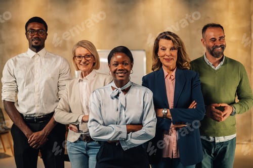 Preview: Interracial corporate office staff posing at conference room and smiling