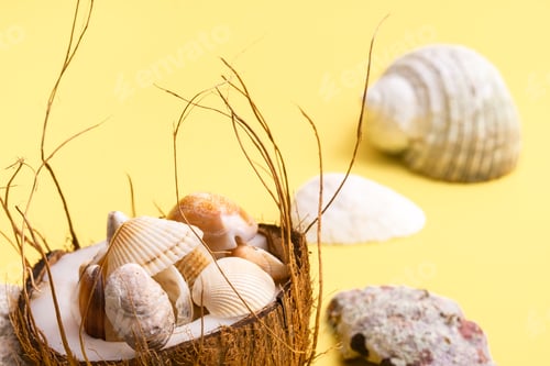Preview: coconuts and shells on a yellow background .Marine theme