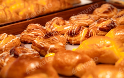 Preview: Bakery in brown wooden tray in bakery shop. Fresh bake pastry product. Sweet bread display