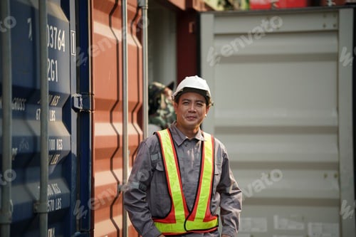 Preview: Worker in safety gear stands near shipping containers at a busy freight yard during daylight