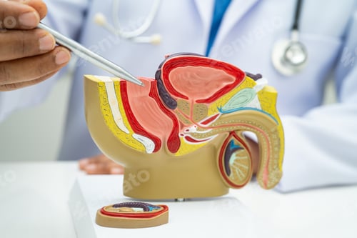 Preview: Male reproductive system, Asian doctor holding human anatomy