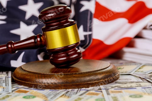 Preview: Wooden judge gavel and USA flag on law judge table documents with desk