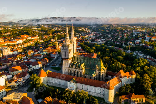 Preview: Aerial view of the Cathedral in Zagreb at sunrise. Croatia