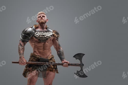 Preview: Blond haired nordic fighter with fur holding two handed axe
