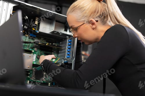 Preview: Female IT technician in her 20s upgrading and troubleshooting a server