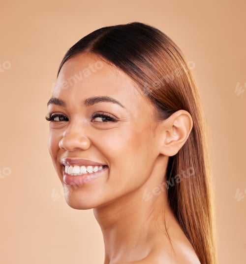 Preview: Woman, beauty and hair care portrait with a smile for growth and shine shampoo on a brown backgroun