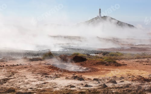 Preview: Geothermal area in Iceland with lighthouse.