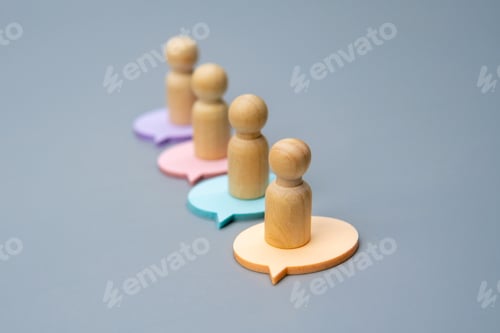 Preview: Four wooden figures, each standing on a differently colored speech bubble.