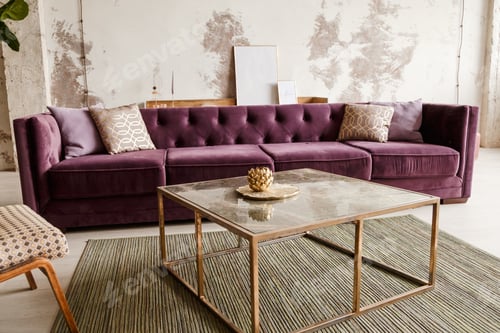 Preview: Purple velvet sofa with golden pillow in living room interior