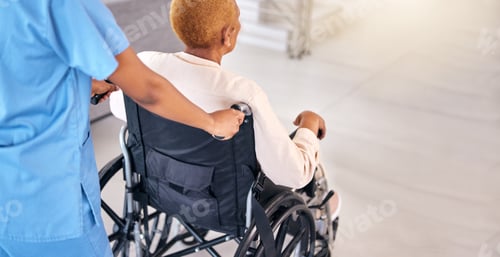 Preview: Nurse, senior woman and back with wheelchair, walk and care for rehabilitation, healthcare and well