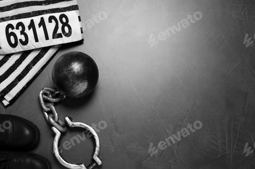 Preview: Prisoner ball with chain and jail clothes on grey table, flat lay. Space for text