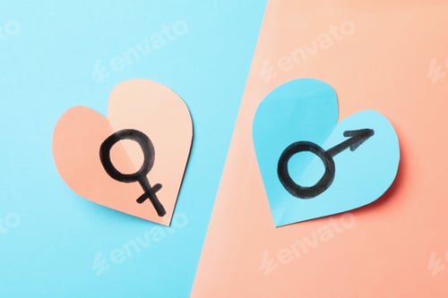 Preview: Hearts with male and female symbols on two tone background