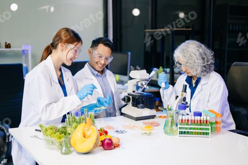 Preview: Dynamic scene of food scientists using microscopes and pipettes in a lab,