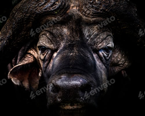 Preview: Portrait of an African Buffalo (Syncerus caffer aka Cape Buffalo) on an African wildlife safari holi