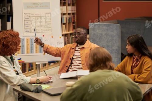 Preview: Young Black Man Explaining English Grammar Chart to Diverse Students
