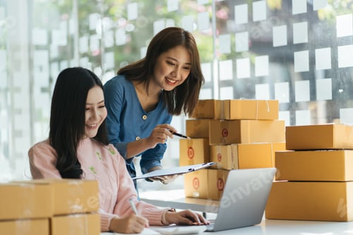 Preview: Two Asian women are looking at their laptop computers to check orders, with cardboard boxes and shop