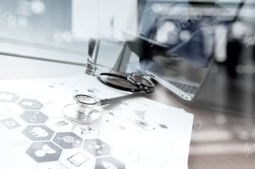 Preview: Double Exposure Of Doctor Working With Digital Tablet And Laptop Computer In Medical Workspace