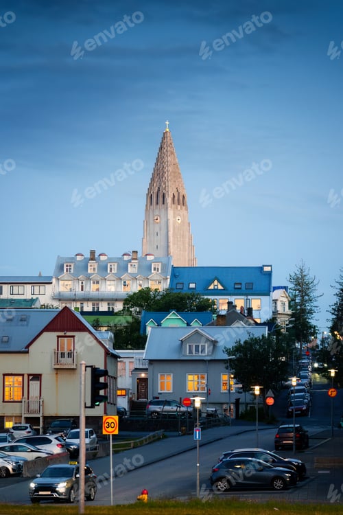 Preview: Steeple Hallgrimskirkja Lutheran parish church among the urban village in the dawn