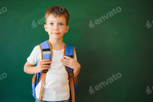 Preview: Back to school. Funny little boy near blackboard. Child from elementary school. Education.