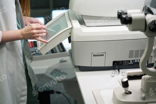 Preview: Ophthalmologist in a medical gown works on modern equipment