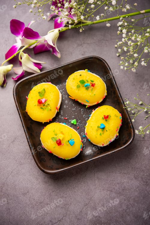 Preview: Malai Chop or Cream sandwich made using filling Rasgulla or Gulab jamun sweet is a Bengali sweet