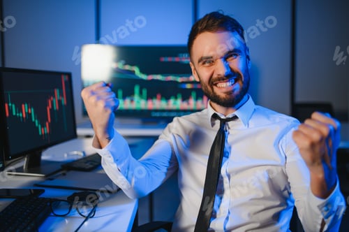 Preview: Joyful business investor happy with good exchange of bitcoin