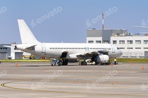 Preview: Airplane is parked near gate of airport terminal