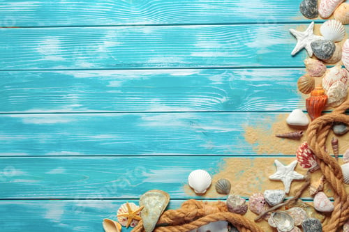 Preview: sea rope with many different sea shells on the sea sand on a blue wooden background. Top view